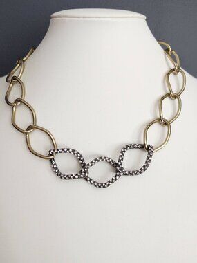Large gold link necklace w/dark gray links & cz's